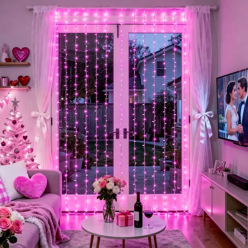 JMEXSUSS 300 LED Curtain Lights - Remote-Controlled Pink String Lights for Bedroom & Party | 9.8x9.8ft Indoor/Outdoor Decor