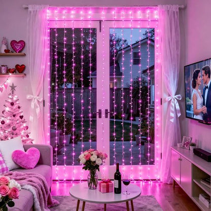 JMEXSUSS 300 LED Curtain Lights - Remote-Controlled Pink String Lights for Bedroom & Party | 9.8x9.8ft Indoor/Outdoor Decor