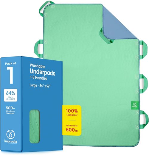 Improvia Bed Pad - Waterproof & Quick-Drying with 8 Reinforced Handles | 34" x 52" for Elderly Care