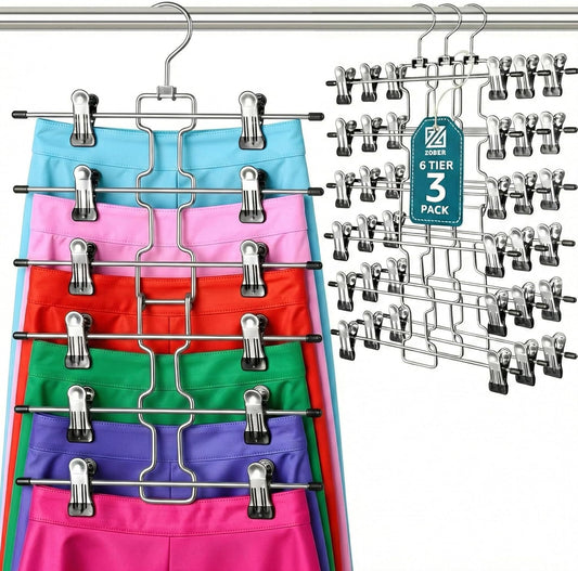 ZOBER 3-Pack Skirt Hangers with Clips - Space-Saving Closet Organizer for Pants & Skirts