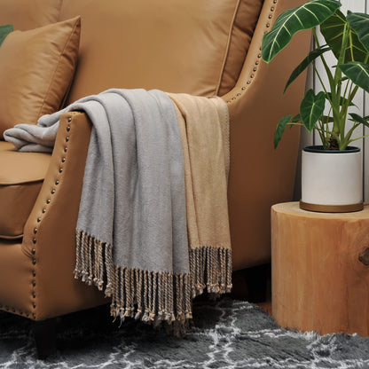 EP Mode Reversible Fringed Mulberry Silk Throw Blanket for Sofa (Light Grey/Beige)