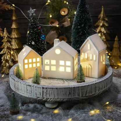 **Ceramic Christmas Village Houses - 3-Piece Light Up Winter Decor Set with Trees | Tabletop Centerpiece**