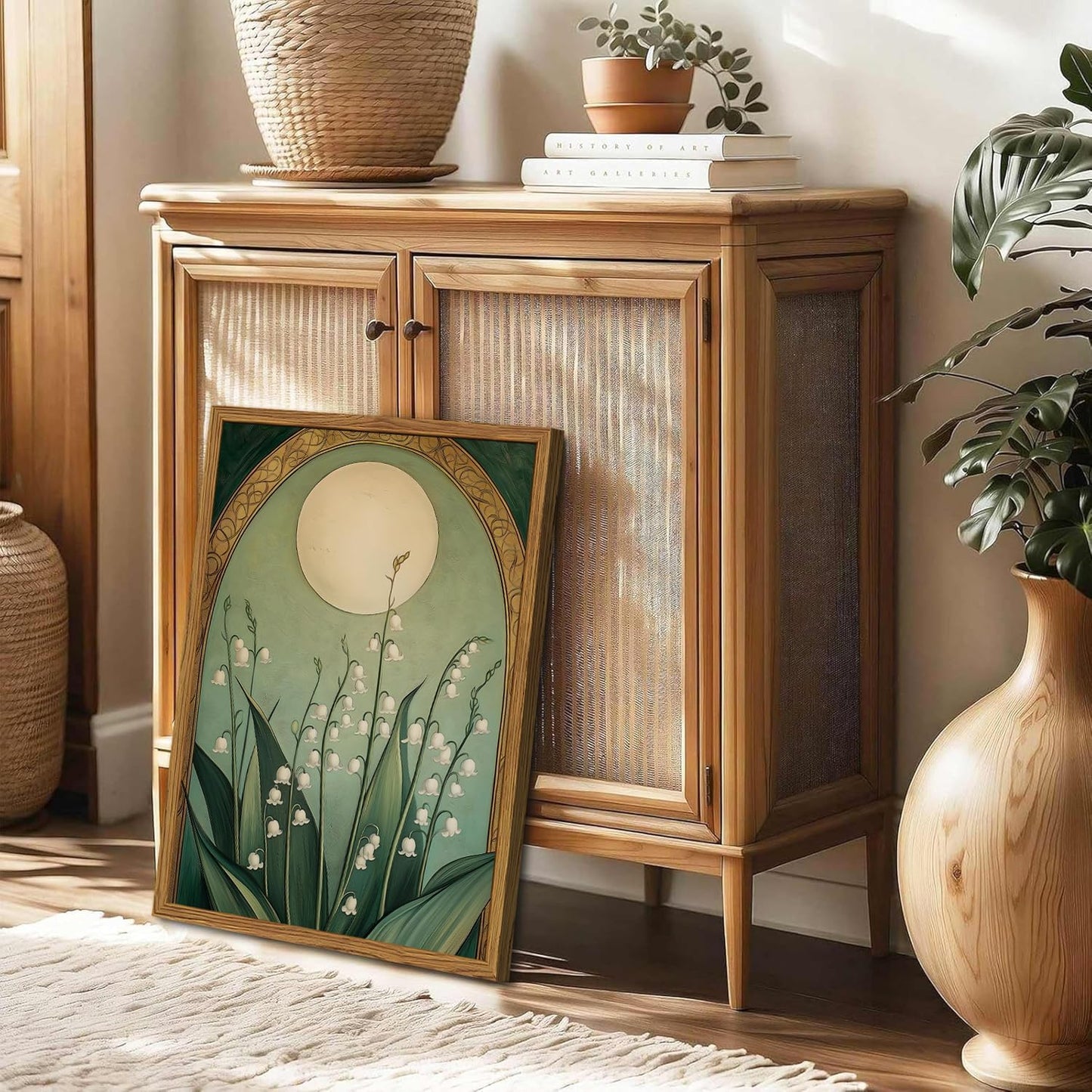 **Regine Switzerland Framed Vintage Lily of the Valley Wall Art - Moody Boho Floral Canvas Print 12x16in**
