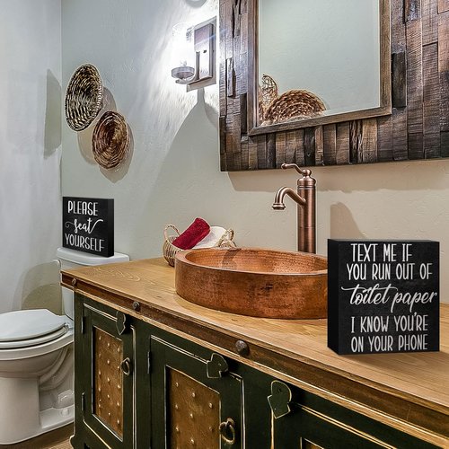 Jetec Farmhouse Bathroom Signs Decor - Rustic Wooden Plaque Wall Art | Set of 2 Please Seat Yourself (Black)