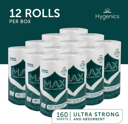 Sierra Hygenics Max 2-Ply Paper Towels - 160 Sheets Per Roll, 12 Rolls | Equivalent to 40 Regular Rolls