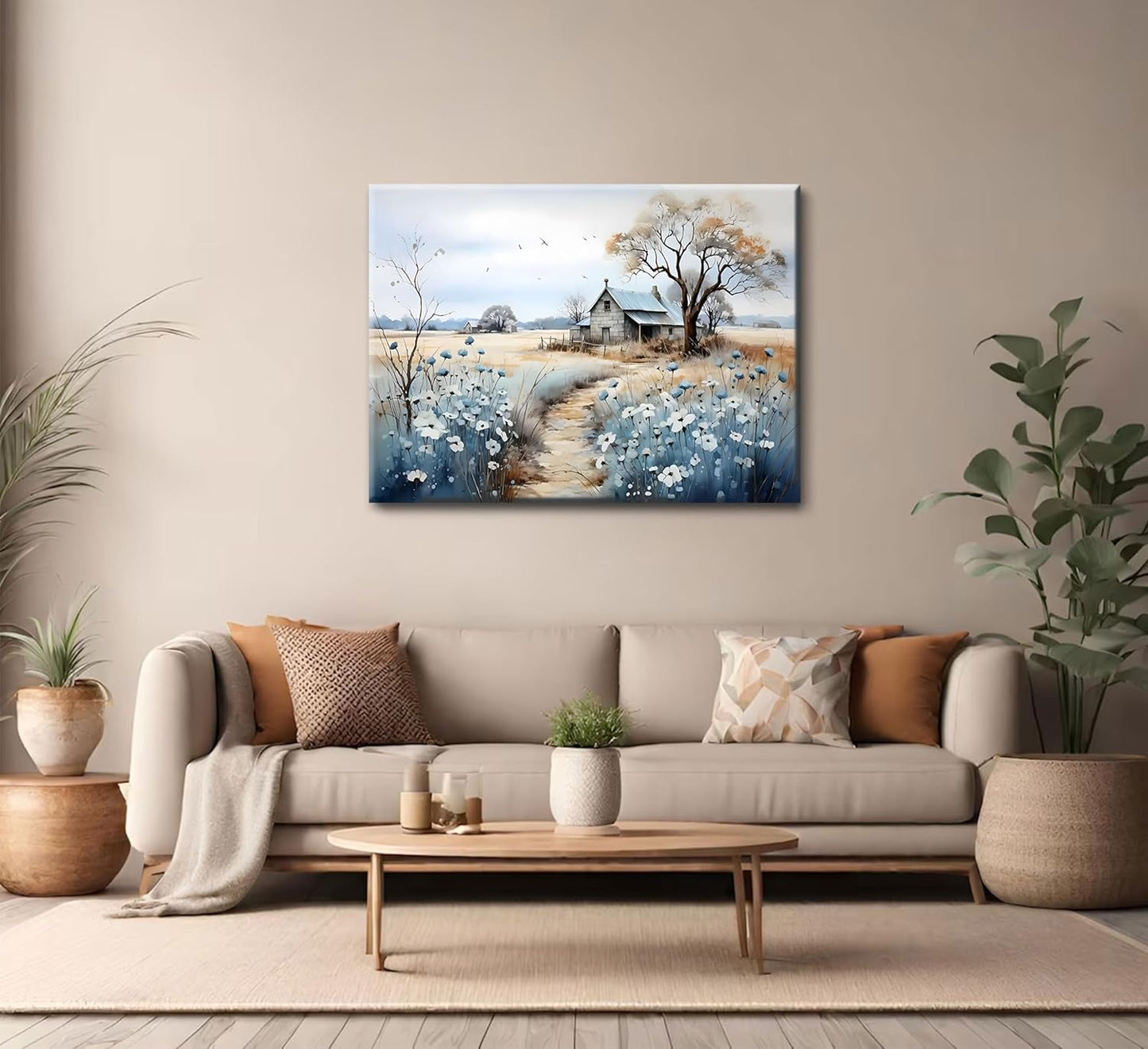 Rustic Farmhouse Canvas Wall Art - Beautiful Wildflower Barn Painting | Nature Scenery Poster 16x24in