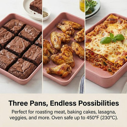 11x9 Non-Stick Baking Pan Set of 3 by [Brand Name] - Pink Rectangular Cake & Brownie Pans for Family Baking