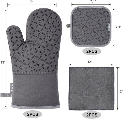 KEGOUU High Heat Resistant Oven Mitts & Pot Holders Set - Extra Long, Non-Slip Silicone, Grey