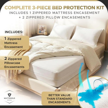 MATTSHIELD Ultimate Bed Bug-Proof Mattress Cover Kit | Queen Size 100% Cotton + 2 Zippered Pillow Protectors