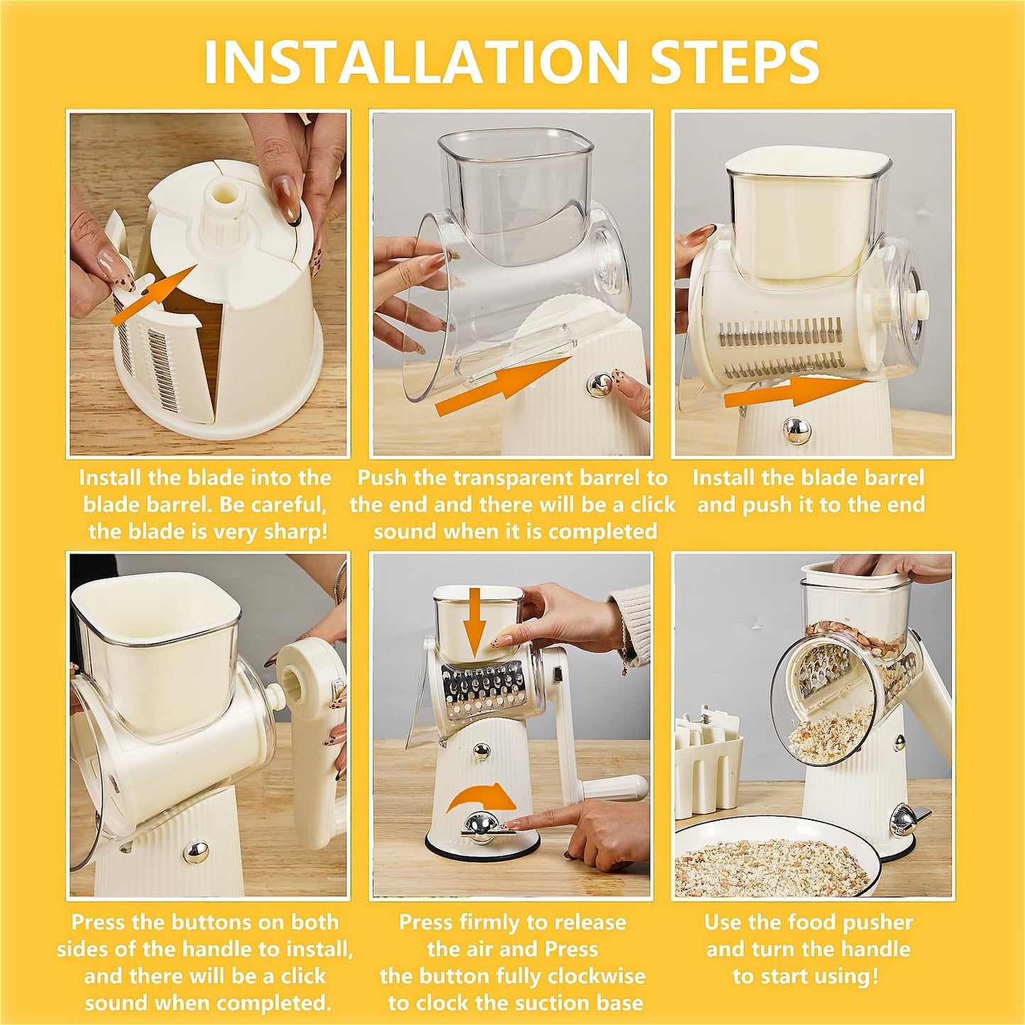 PDAENLKY Rotary Cheese Grater with Handle, 5-in-1 Cheese Grater Hand Crank, Strong Suction Base, White