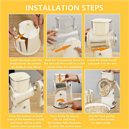 PDAENLKY Rotary Cheese Grater with Handle, 5-in-1 Cheese Grater Hand Crank, Strong Suction Base, White