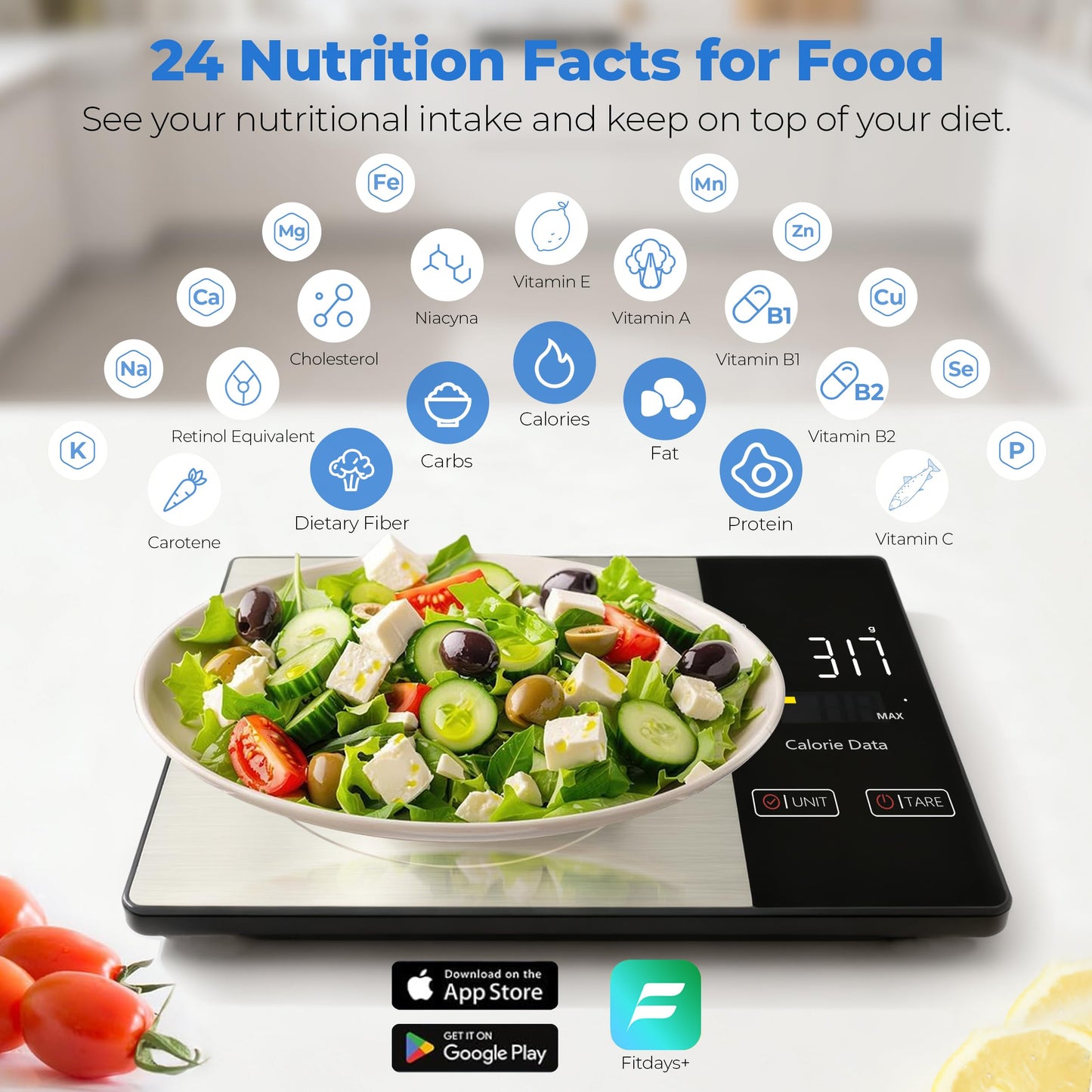 WARMKEY Smart Nutrition Food Scale - Digital Kitchen Scale with Nutritional Calculator App,Tare Function,Track Calories &24 Nutrients,11lb, Grams/Ounces, Healthy Eating & Meal Prep