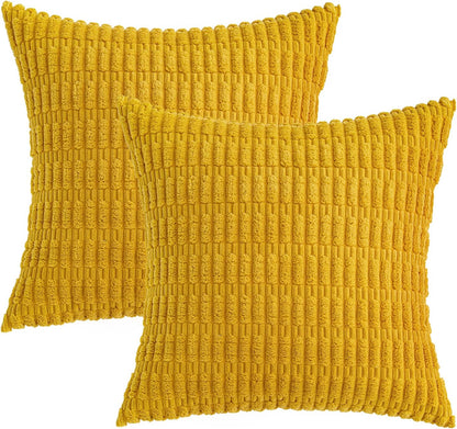 MIULEE Corduroy Throw Pillow Covers - Soft Boho Striped Design | 18x18 Inch Mustard Yellow Decor