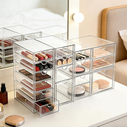 Prsildan Acrylic Drawer Organizer - 17 Drawer Clear Storage Solution for Makeup & Craft Supplies | Set of 4