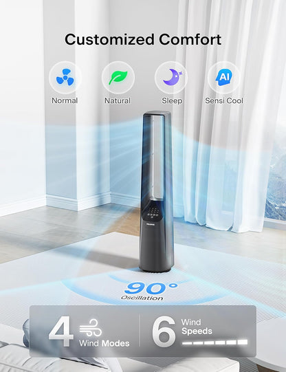 Pelonis Bladeless Tower Fan - Ultra-Quiet 22 dB, 6 Speeds, Remote Control, 90° Oscillation, 7-Hour Timer