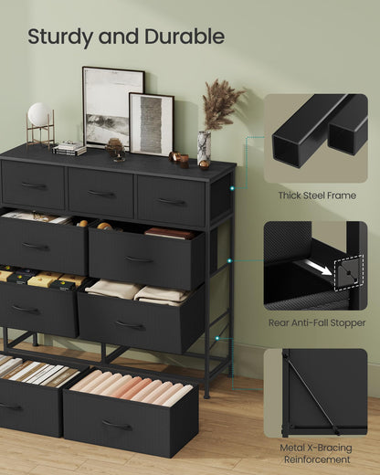 SONGMICS Dresser for Bedroom, Chest of Drawers, Steel, MDF, 9 Non-Woven Fabric Drawers, Storage Organizer Unit, Closet, Entryway, Ink Black and Ebony Black ULGS324B01S