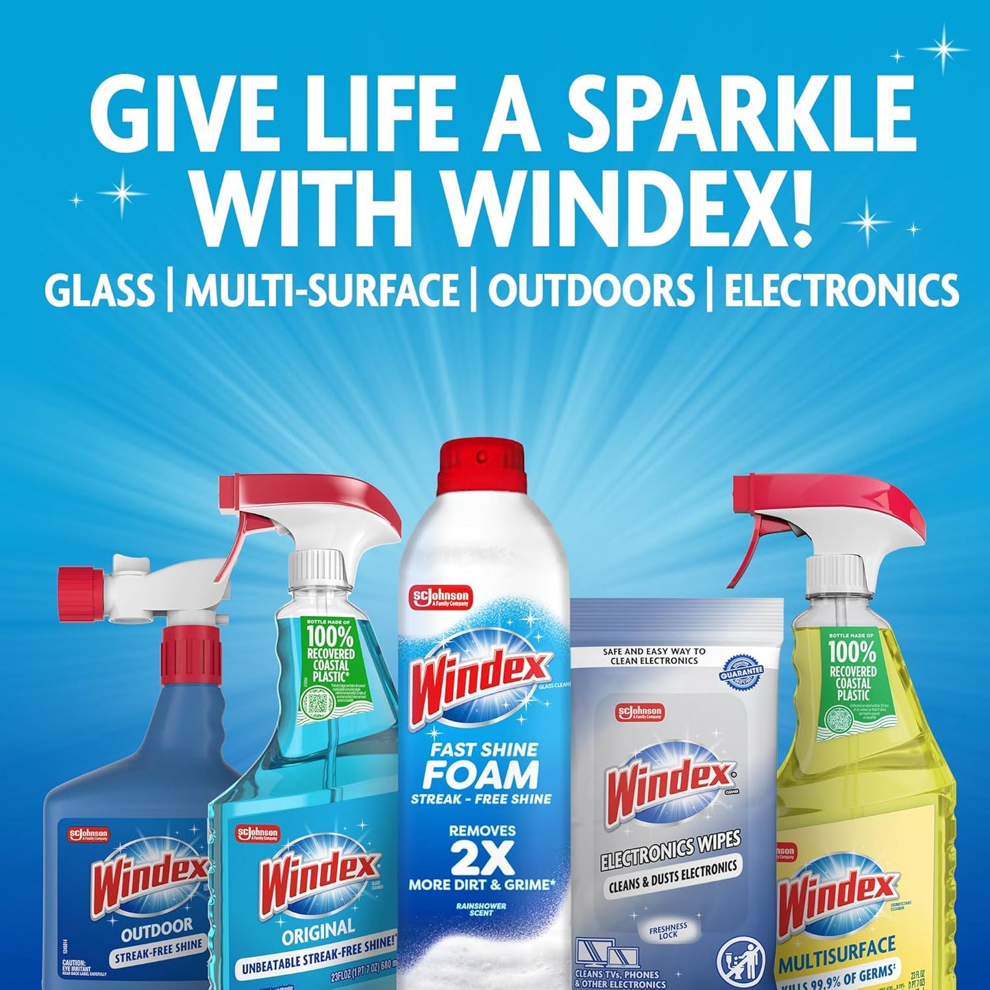 Windex Glass & Window Cleaner Refill - Eco-Friendly 100% Recycled Plastic, Original Blue Scent, 2L (Pack of 2)