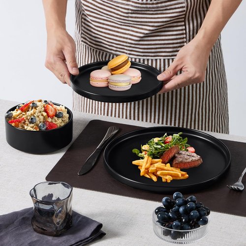 E-far Stoneware Dinnerware Set - 12-Piece Modern Plates & Bowls for 4 | Chip & Scratch Resistant, Matte Black