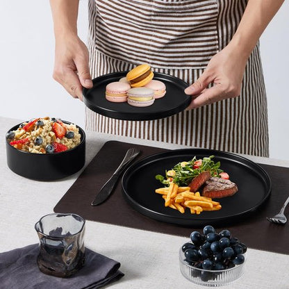 E-far Stoneware Dinnerware Set - 12-Piece Modern Plates & Bowls for 4 | Chip & Scratch Resistant, Matte Black