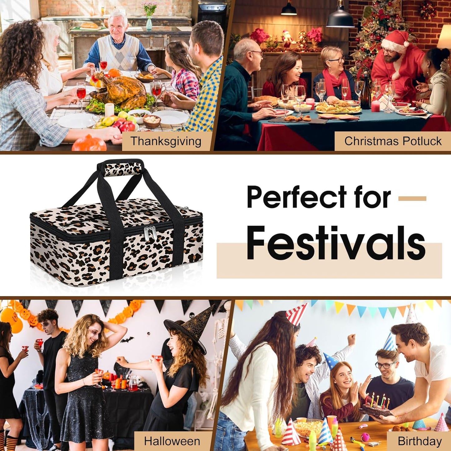 Skiennix Insulated Casserole Carrier - Portable Hot & Cold Food Tote Bag for Potluck | Fits 9" x 13" Dish - Leopard Print