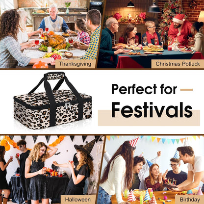 Skiennix Insulated Casserole Carrier - Portable Hot & Cold Food Tote Bag for Potluck | Fits 9" x 13" Dish - Leopard Print