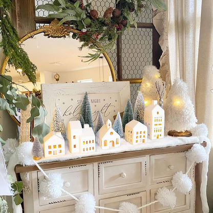 Regine Switzerland Christmas Village Set - 5 Lighted Ceramic Houses with Remote Control & 9 Trees | Rustic Indoor Holiday Decor