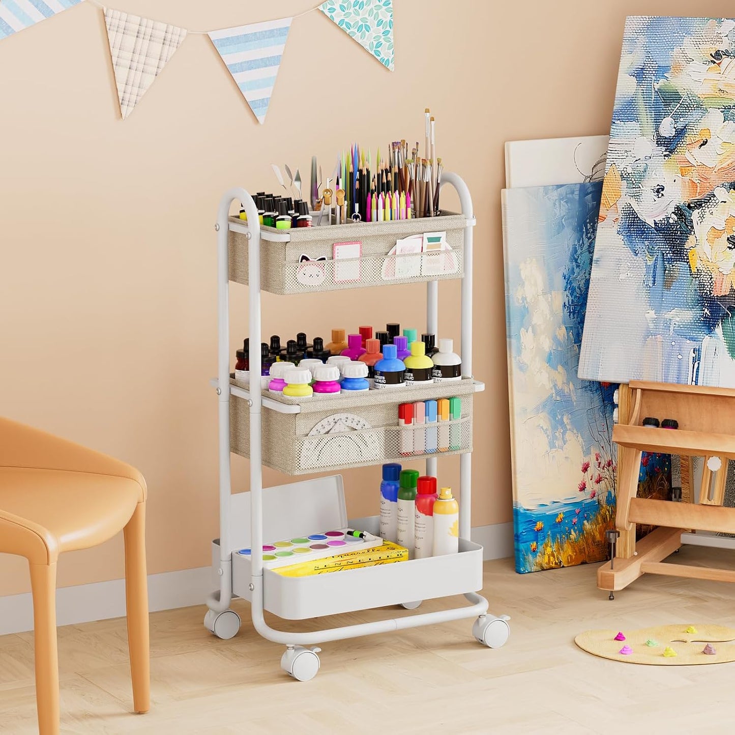 Modanais Baby Diaper Caddy Organizer Cart - 3-Tier Rolling Storage with Detachable Dividers | Off White