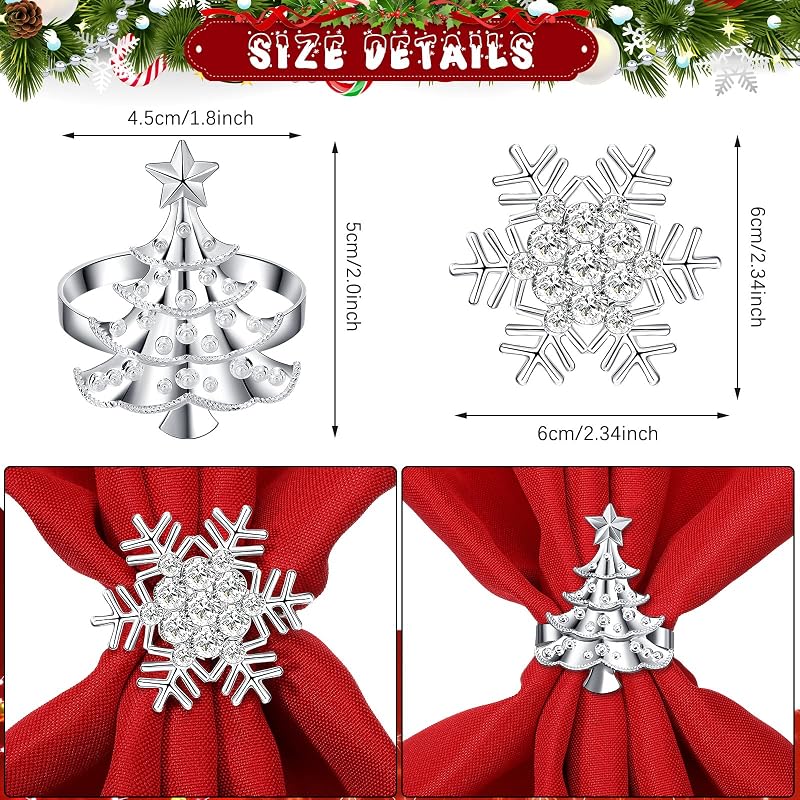 Snowflake & Tree Napkin Ring Set - 16 Pcs Red Cloth Napkins with 8 Metal Rhinestone Rings (Variation: Snowflake, Tree)