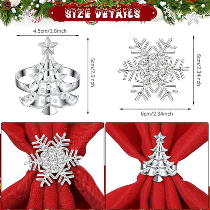 Snowflake & Tree Napkin Ring Set - 16 Pcs Red Cloth Napkins with 8 Metal Rhinestone Rings (Variation: Snowflake, Tree)