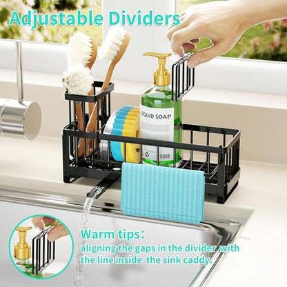 HapiRm Sponge Holder - Self-Draining Sink Caddy with Brush & Dishcloth Holders | Stainless Steel - Black