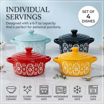 Goaste 4 Pack Porcelain Ramekins - 7 OZ Mini Casserole Dishes with Lids & Handles | Round Ceramic Cocotte Bowls for Soufflé, Crème Brûlée, Lava Cake & Soup (4 Colors)