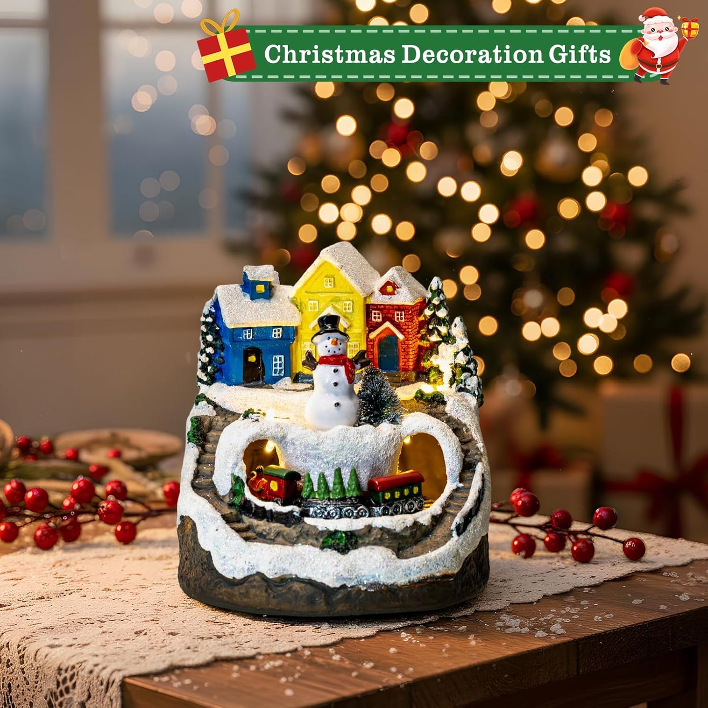 ZQQLITE Animated Musical Christmas Snowman Village - Lighted Figurines with Rotating Train | Holiday Tabletop Decor
