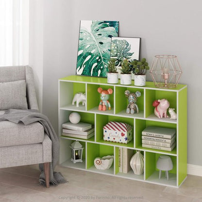 Furinno LUDER 11-Cube Bookshelf - Reversible Design for Easy Assembly | White/Green, 9.4 x 29.1 x 41.7