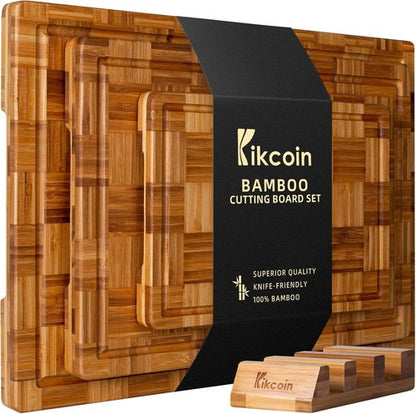 Kikcoin Extra Large Bamboo Cutting Boards - Set of 3 Chopping Boards with Juice Groove | Kitchen Butcher Block