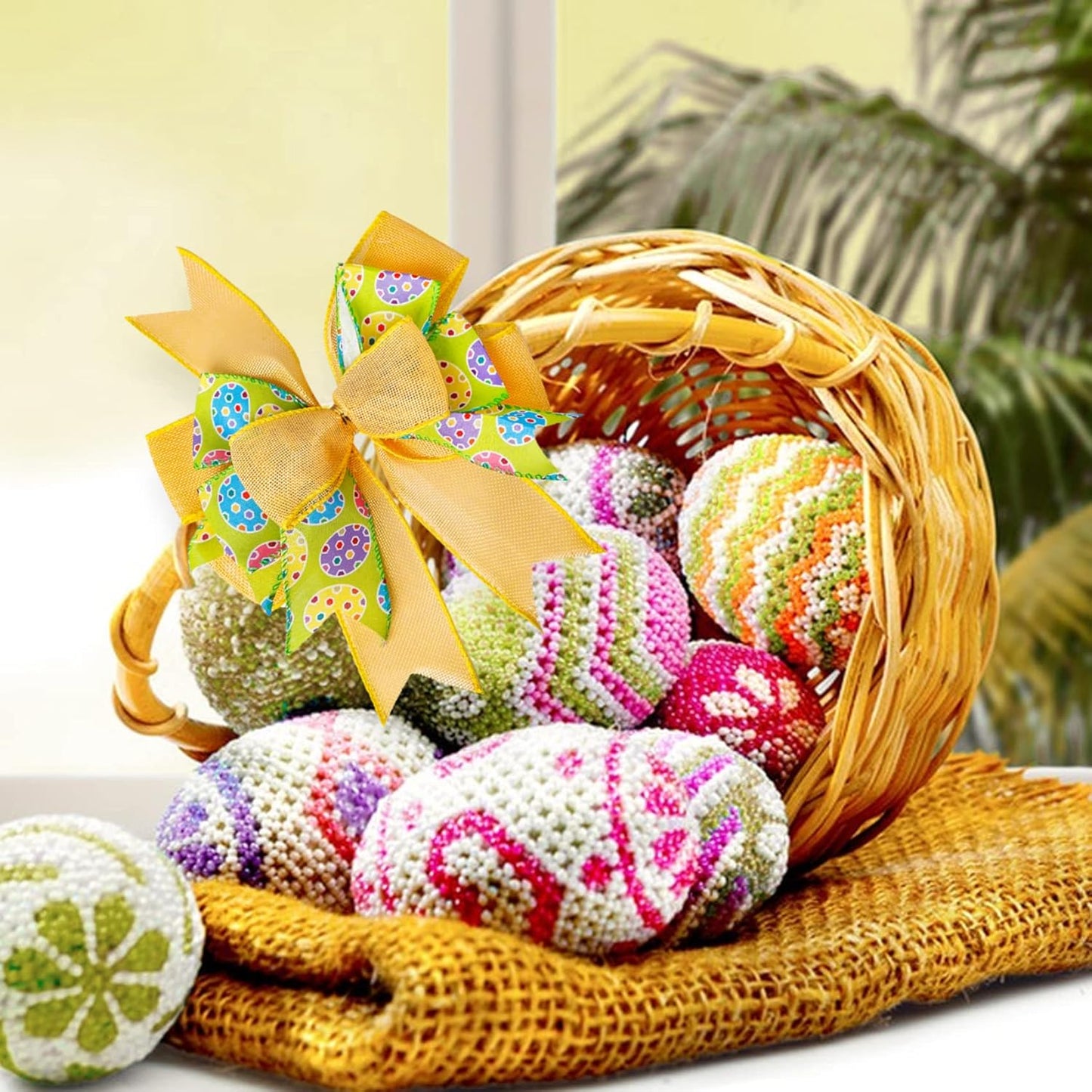 SIMISI Ribbon Easter Wreath Bow - Yellow Egg Basket Ornaments for Home Decor | 9.5 x 13 Inch