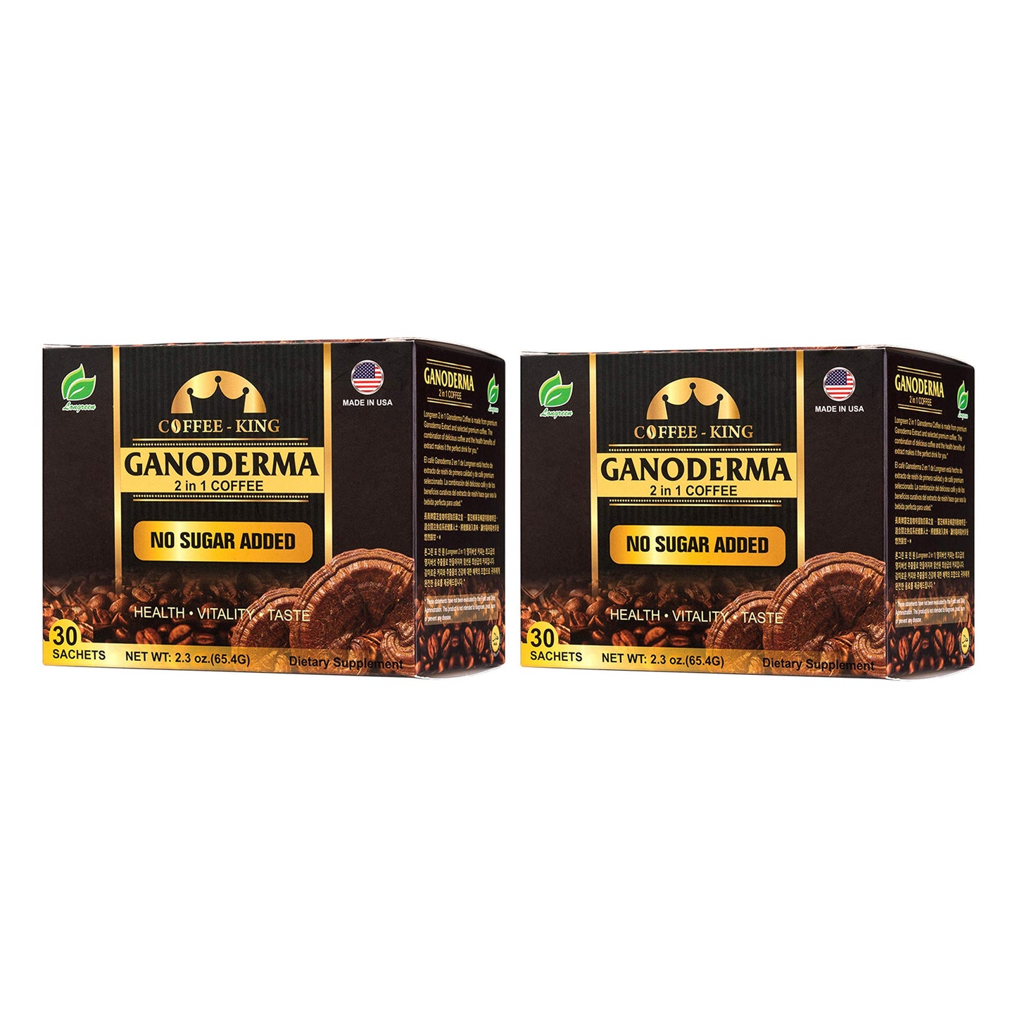 LONGREEN Ganoderma Reishi Coffee 2 In 1 Instant Coffee Delicious, Nutritious And Flavorful With 100% Certified Organic Reishi Mushroom Extract, Pack of 2, 60 sachets