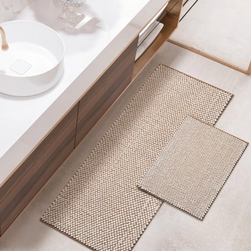FRESHMINT Chenille Bathroom Rugs Sets 2 Piece 17"x24"+20"x47", Non-Slip Bath Mats for Bathroom Absorbent Bath Rug Washable Set of 2 Shower Floor Mat Runner, White and Brown