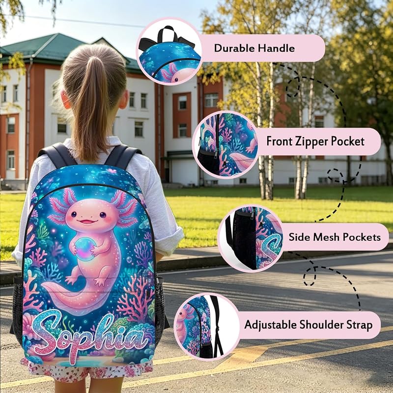 Personalized Axolotl Kids Backpack - Custom Name School Bag for Girls & Boys (Axolotl-04)