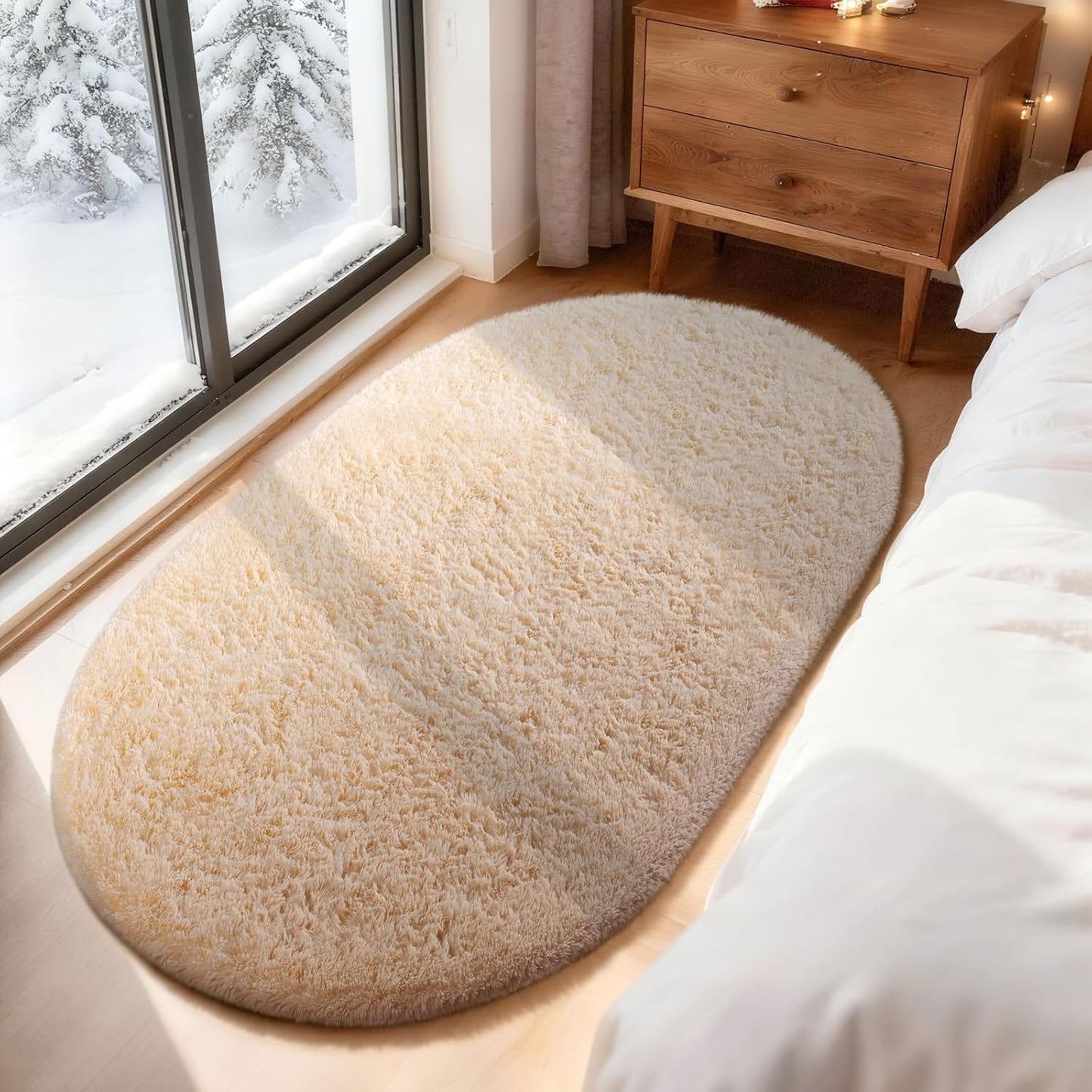 Ophanie 3x5 Oval Rug - Non-Slip Beige Area Rug for Bedroom & Dorm | Fluffy Home Decor Essentials
