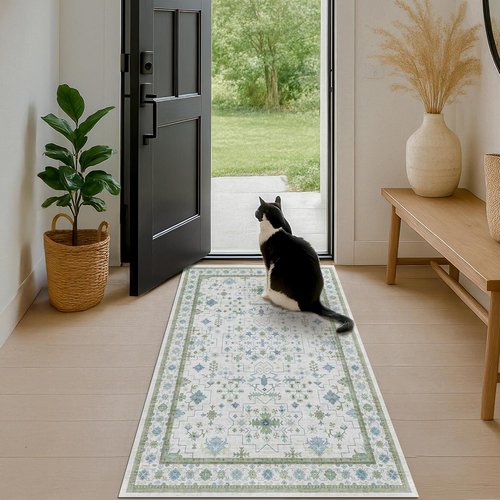 Hazo Haus Washable Rugs - Vintage Boho Floral Design | Blue & Green 3x6 Non-Slip Accent Rug