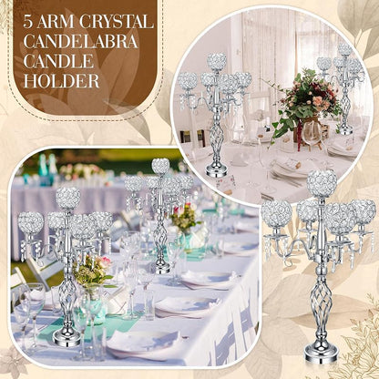 5-Arm Crystal Candelabras Set, 27 Inch - Silver Finish (4 Pieces) - Variation: Silver+4