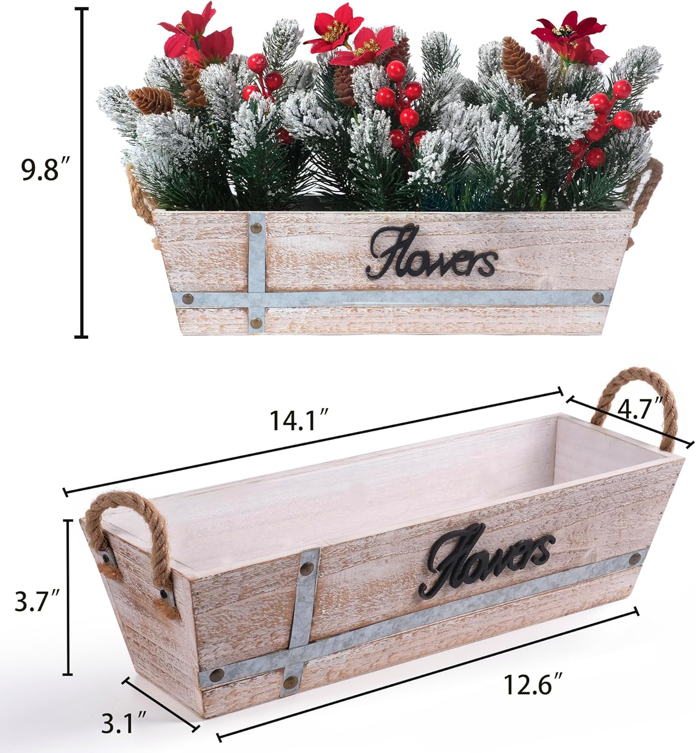 Skiennix Artificial Christmas Centerpiece - Snowy Norfolk Pine Garland with Poinsettias & Berries | Rustic Wood Planter for Holiday Home Decor