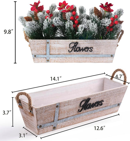 Skiennix Artificial Christmas Centerpiece - Snowy Norfolk Pine Garland with Poinsettias & Berries | Rustic Wood Planter for Holiday Home Decor