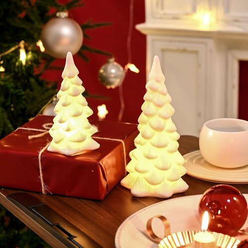 AOMOONOA White Ceramic Christmas Trees - 2Pcs Light Up Porcelain Xmas Tree Figurines for Modern Home Decor