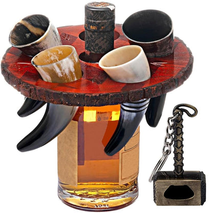 Viking Drinking Horn Set of 5 with Wooden Tray & Opener - Handmade Ox Horn Cups for Mead, Beer