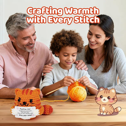 Orange-Cat Positive Crochet Cat Gift — Uplifting Message for Women & Men, Handmade Décor
