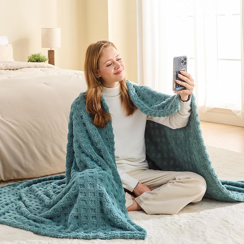 Newcosplay 3D Waffle Checkered Flannel Queen Blanket - Light Teal 90x90