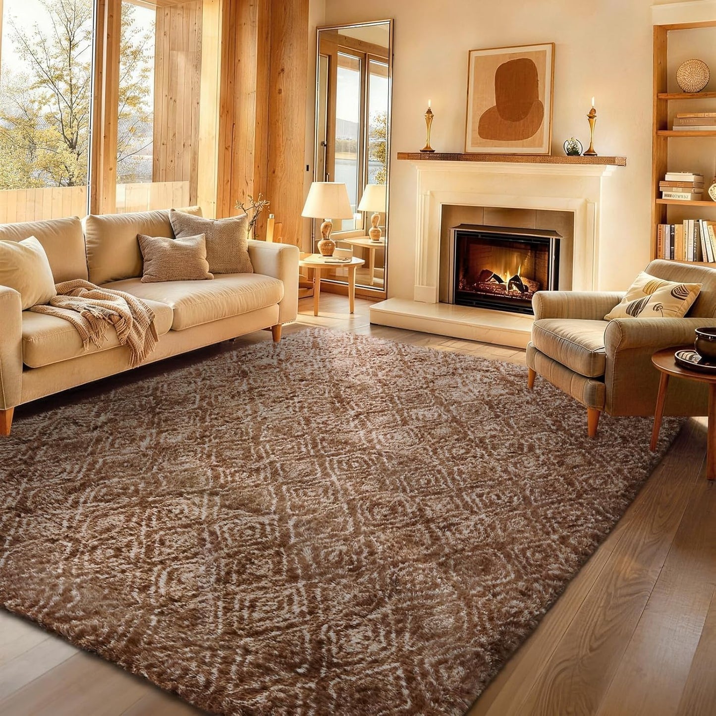 Ophanie Brown & White Diamond Striped Rug - Fluffy Shag 8x10 Soft Carpet for Living Room & Bedroom Decor