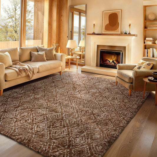 Ophanie Brown & White Diamond Striped Rug - Fluffy Shag 8x10 Soft Carpet for Living Room & Bedroom Decor