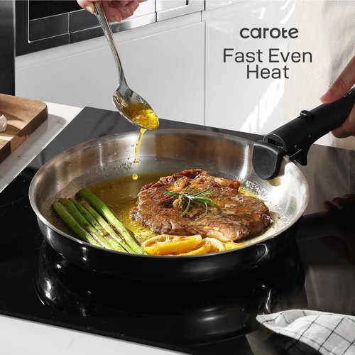 CAROTE 12pcs Pots and Pans Set, Stainless Steel Cookware Set Detachable Handle, Induction Kitchen Cookware Sets with Removable Handle, RV Cookware Set, Oven Safe, Camping Cookware, Pure Black